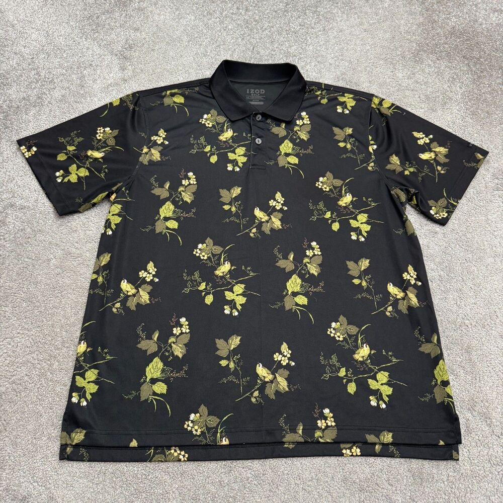 IZOD Golf Elite Birds Leaves Floral Performance Polo Shirt Top Mens XL Black